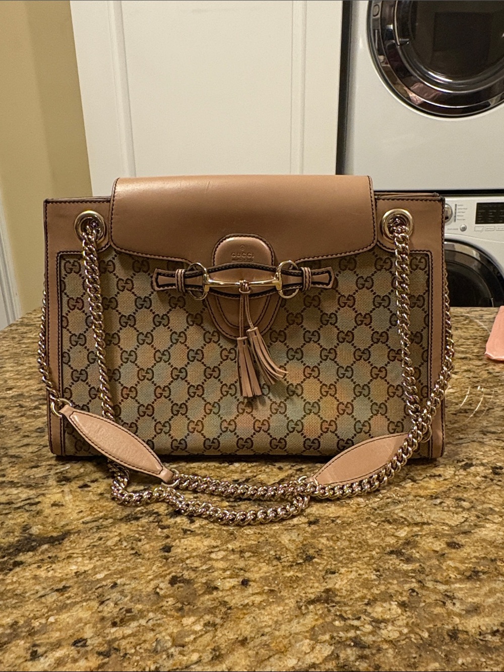 Gucci Beige GG Canvas Shoulder Bag with Tan Leather and Gold Hardware
